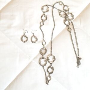 Silver Hammered Rhinestone Round Long Necklace Earring Set